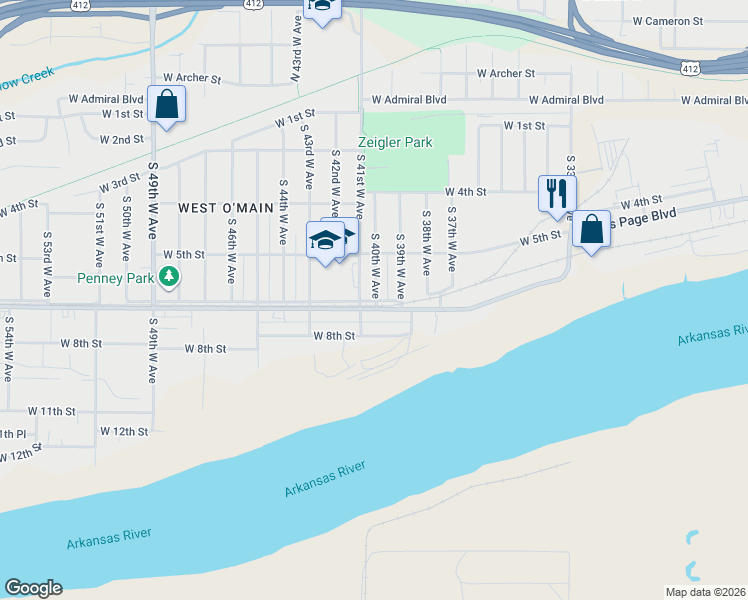 map of restaurants, bars, coffee shops, grocery stores, and more near 541 South 40th West Avenue in Tulsa