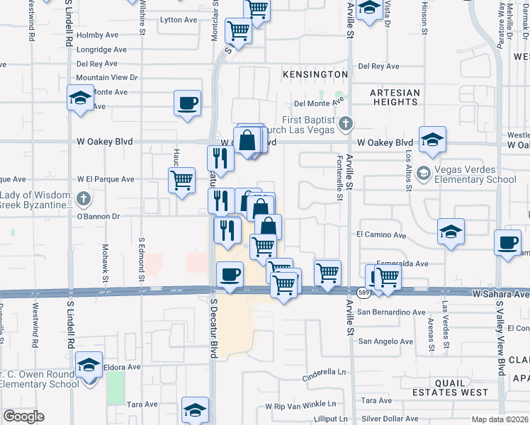 map of restaurants, bars, coffee shops, grocery stores, and more near 4702 O'Bannon Drive in Las Vegas
