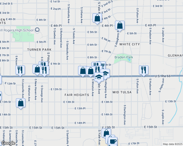 map of restaurants, bars, coffee shops, grocery stores, and more near 936 South Winston Avenue in Tulsa