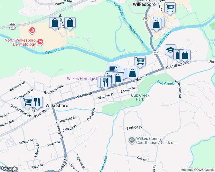 map of restaurants, bars, coffee shops, grocery stores, and more near 108 West Main Street in North Wilkesboro
