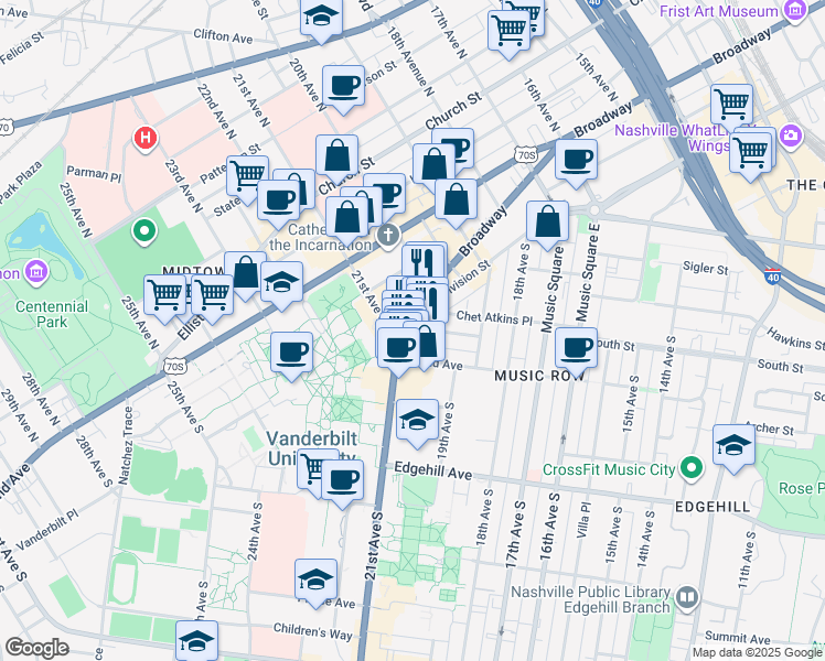 map of restaurants, bars, coffee shops, grocery stores, and more near 2033 Broadway in Nashville