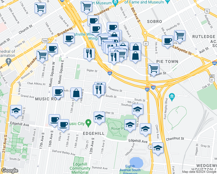 map of restaurants, bars, coffee shops, grocery stores, and more near Hawkins Street in Nashville