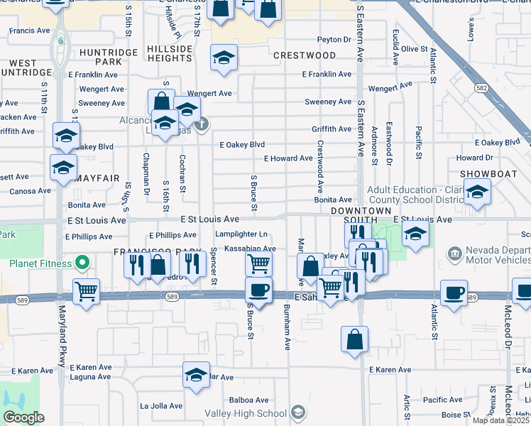 map of restaurants, bars, coffee shops, grocery stores, and more near 1809 East Saint Louis Avenue in Las Vegas