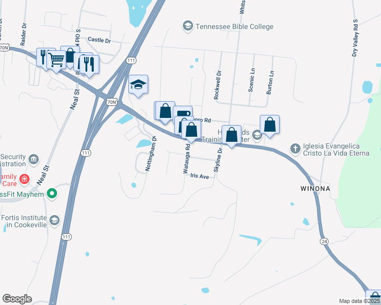 map of restaurants, bars, coffee shops, grocery stores, and more near 1600 Linda Avenue in Cookeville