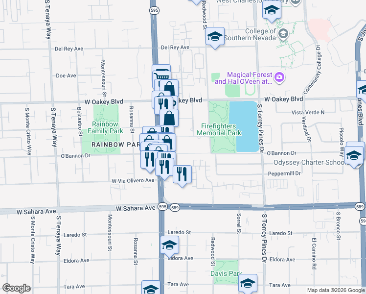 map of restaurants, bars, coffee shops, grocery stores, and more near 6808 O'Bannon Drive in Las Vegas