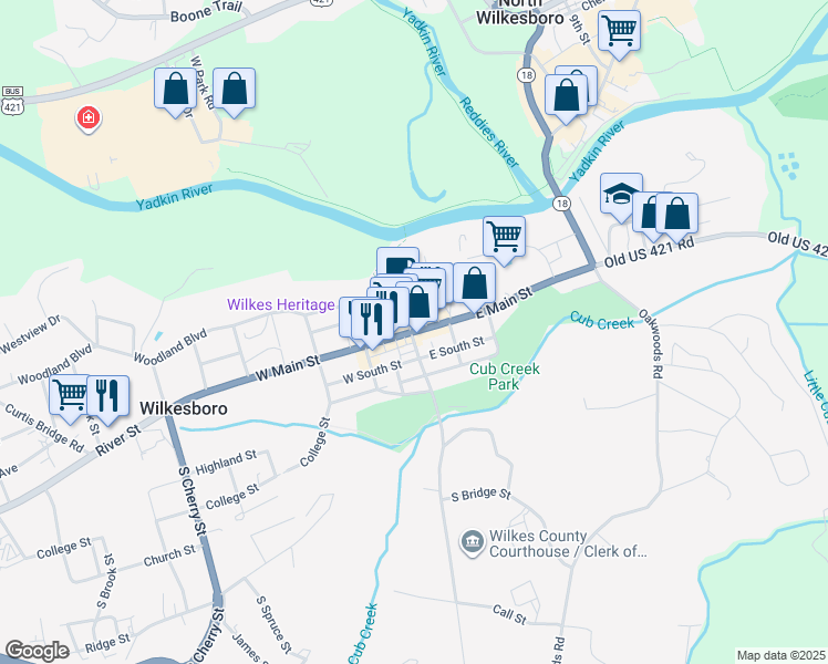 map of restaurants, bars, coffee shops, grocery stores, and more near 11 East Main Street in Wilkesboro