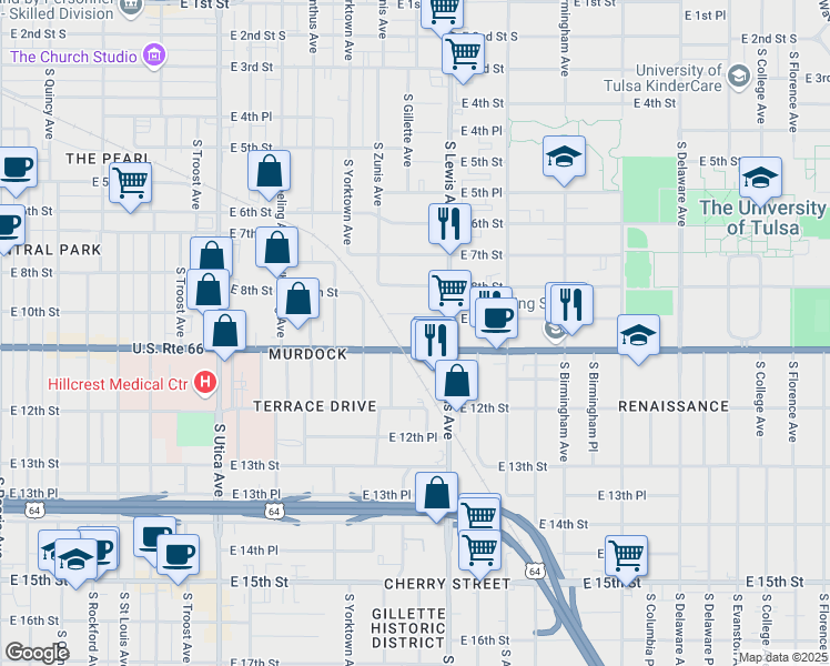 map of restaurants, bars, coffee shops, grocery stores, and more near 2224 East 10th Street in Tulsa