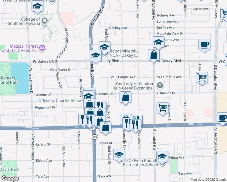 map of restaurants, bars, coffee shops, grocery stores, and more near 2135 Saratoga Street in Las Vegas