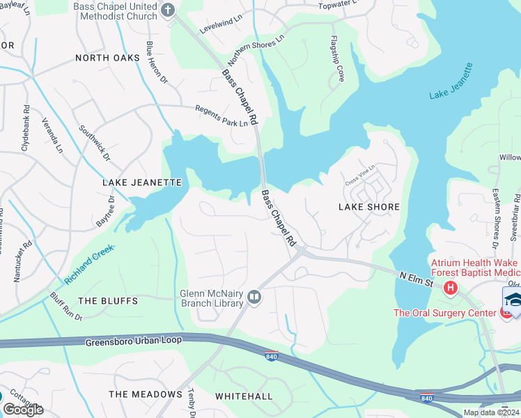 map of restaurants, bars, coffee shops, grocery stores, and more near 3 Lake Breeze Court in Greensboro