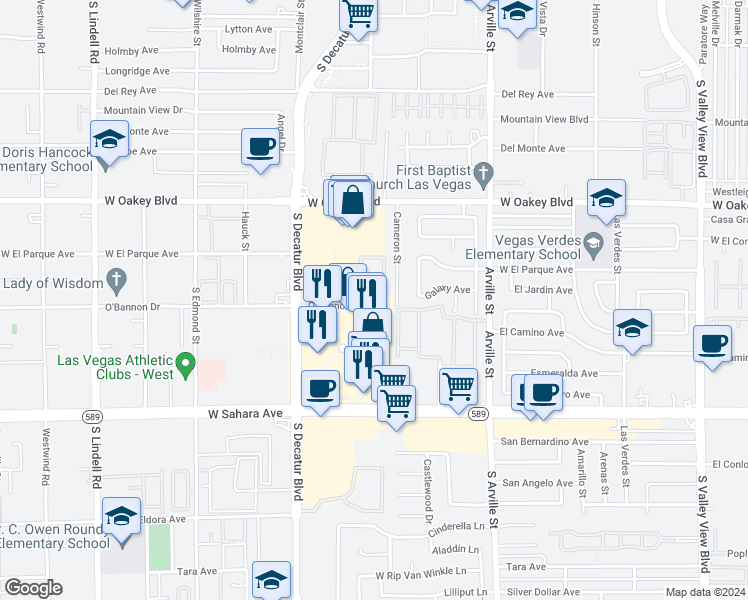 map of restaurants, bars, coffee shops, grocery stores, and more near 4702 O'Bannon Drive in Las Vegas