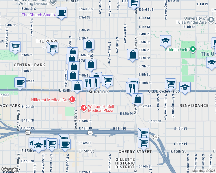 map of restaurants, bars, coffee shops, grocery stores, and more near 835 South Xanthus Place in Tulsa