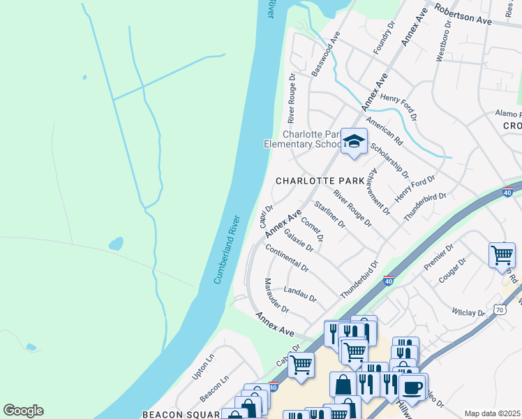 map of restaurants, bars, coffee shops, grocery stores, and more near 437 Capri Drive in Nashville