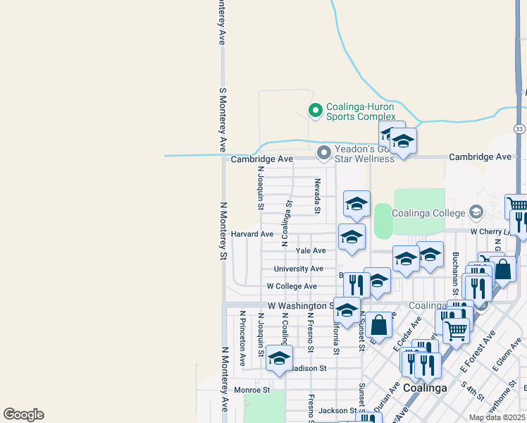 map of restaurants, bars, coffee shops, grocery stores, and more near 1304 North Joaquin Street in Coalinga