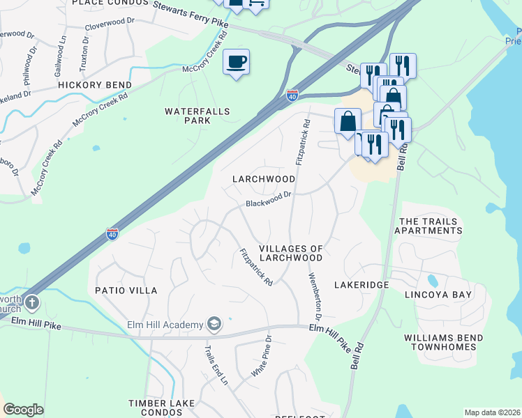 map of restaurants, bars, coffee shops, grocery stores, and more near 3017 Blackwood Drive in Nashville