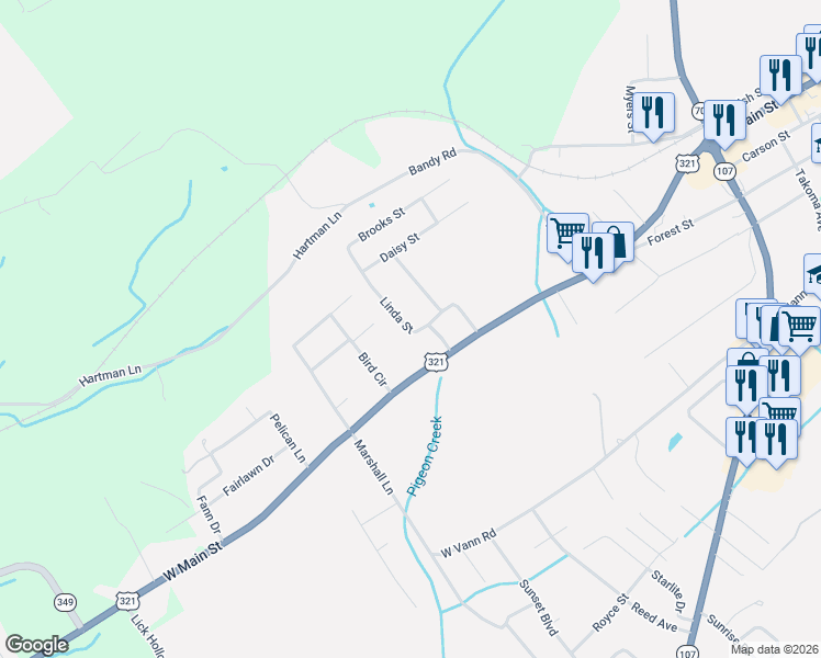 map of restaurants, bars, coffee shops, grocery stores, and more near 205 Linda Street in Greeneville
