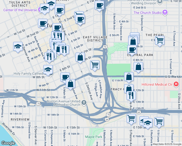 map of restaurants, bars, coffee shops, grocery stores, and more near 420 West 11th Street in Tulsa