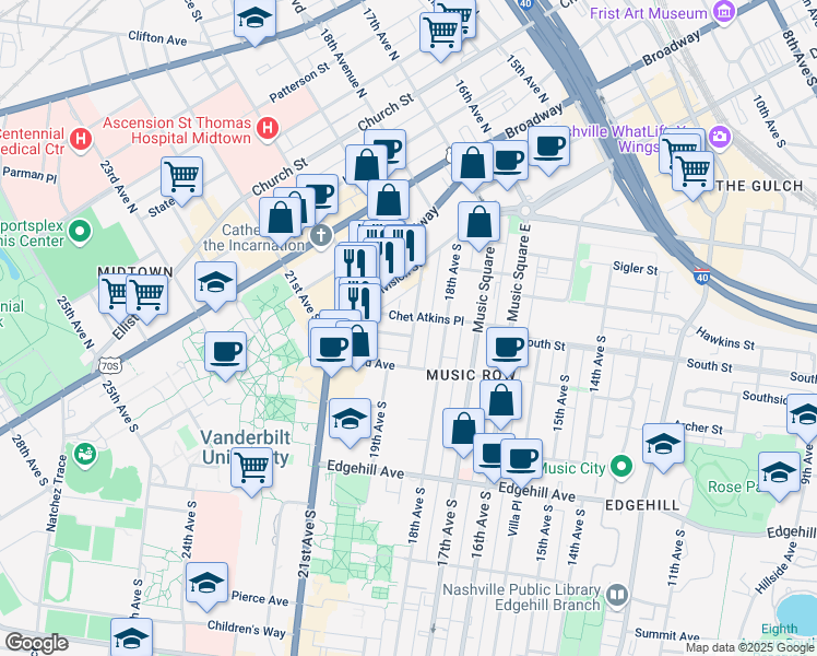 map of restaurants, bars, coffee shops, grocery stores, and more near 901 19th Avenue South in Nashville