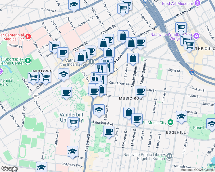 map of restaurants, bars, coffee shops, grocery stores, and more near 900 20th Avenue South in Nashville