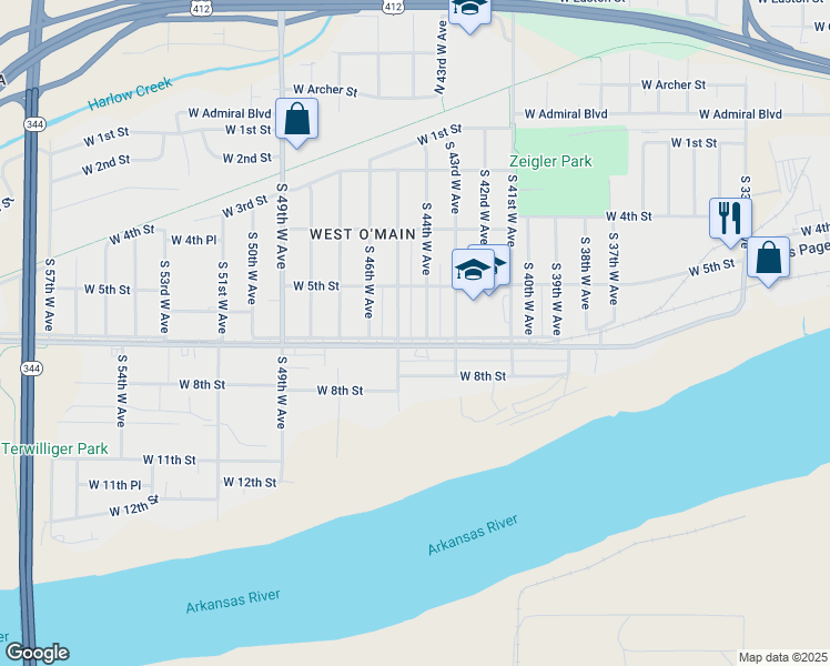 map of restaurants, bars, coffee shops, grocery stores, and more near 4401 West 7th Street in Tulsa