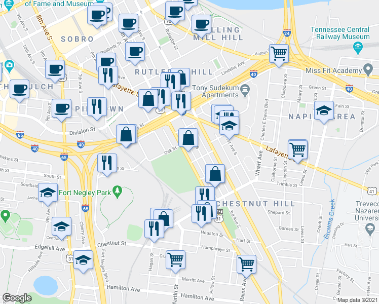 map of restaurants, bars, coffee shops, grocery stores, and more near in Nashville