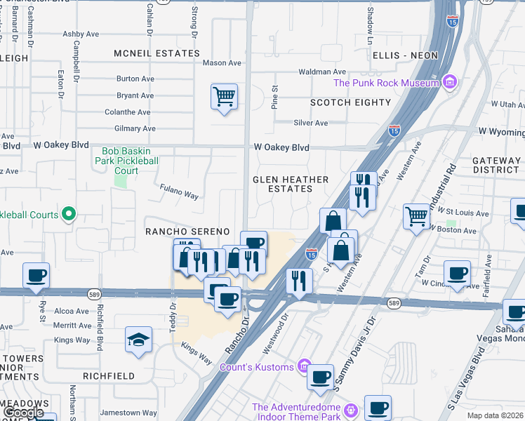 map of restaurants, bars, coffee shops, grocery stores, and more near 1605 Kirkland Avenue in Las Vegas