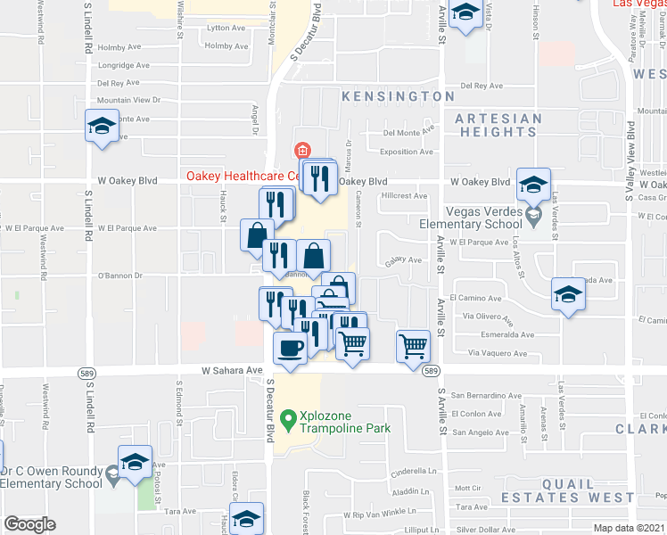 map of restaurants, bars, coffee shops, grocery stores, and more near 4714 O'Bannon Drive in Las Vegas