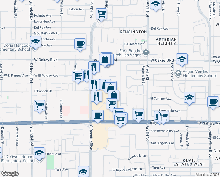 map of restaurants, bars, coffee shops, grocery stores, and more near 4706 O'Bannon Drive in Las Vegas