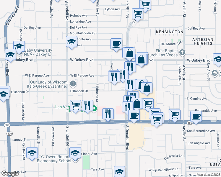 map of restaurants, bars, coffee shops, grocery stores, and more near 5001 O'Bannon Drive in Las Vegas