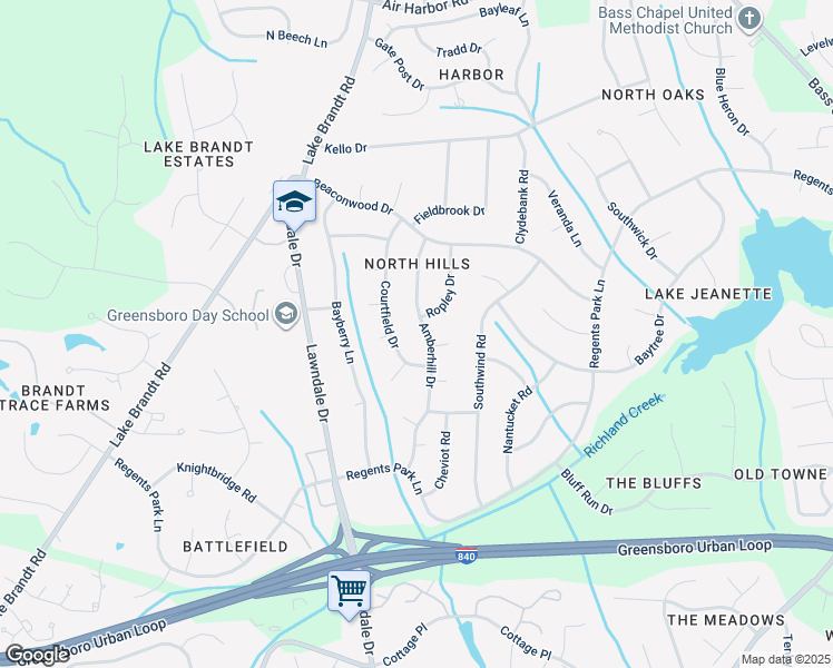 map of restaurants, bars, coffee shops, grocery stores, and more near 5307 Amberhill Drive in Greensboro