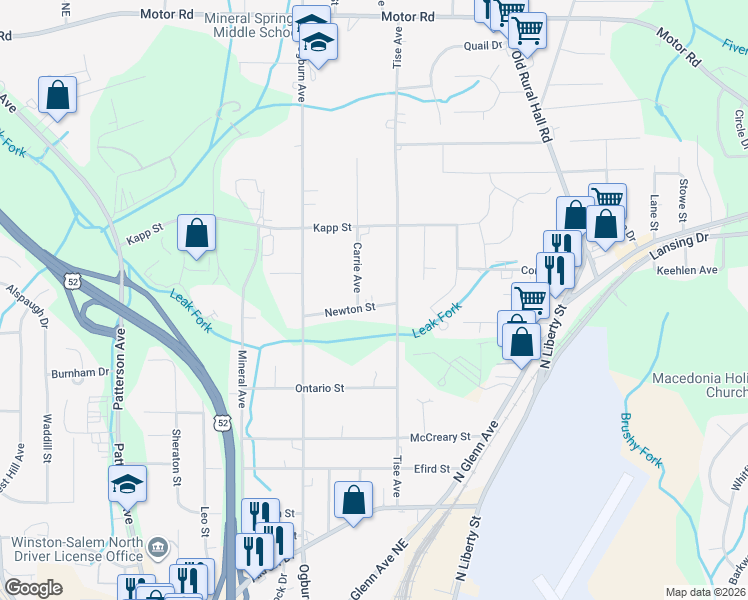map of restaurants, bars, coffee shops, grocery stores, and more near 709 Newton Street in Winston-Salem