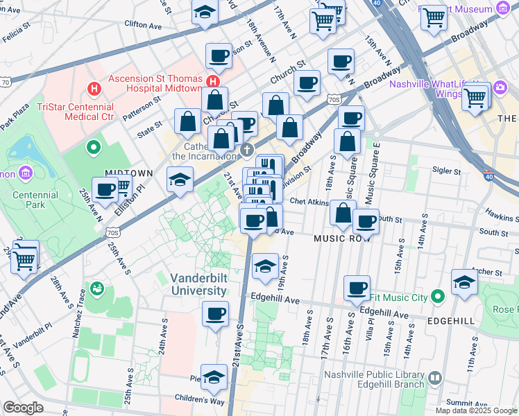 map of restaurants, bars, coffee shops, grocery stores, and more near 2031 Broadway in Nashville