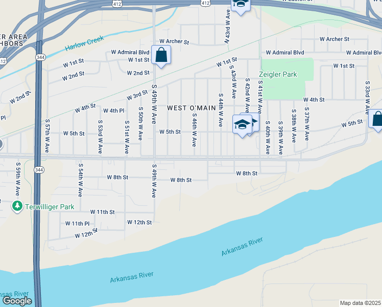 map of restaurants, bars, coffee shops, grocery stores, and more near 539 South 46th West Avenue in Tulsa