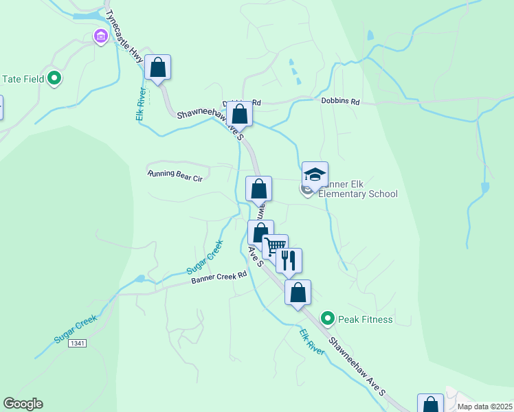 map of restaurants, bars, coffee shops, grocery stores, and more near 24 High Country Square in Banner Elk