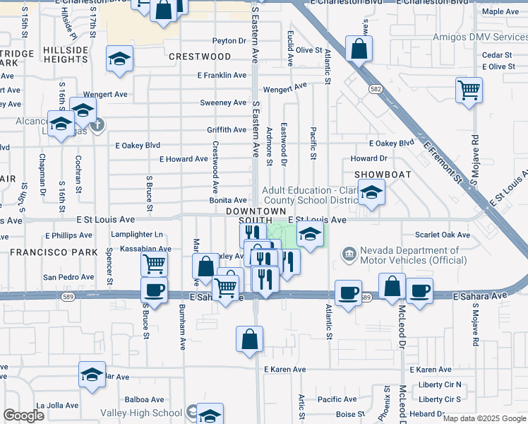 map of restaurants, bars, coffee shops, grocery stores, and more near 2105 East Saint Louis Avenue in Las Vegas