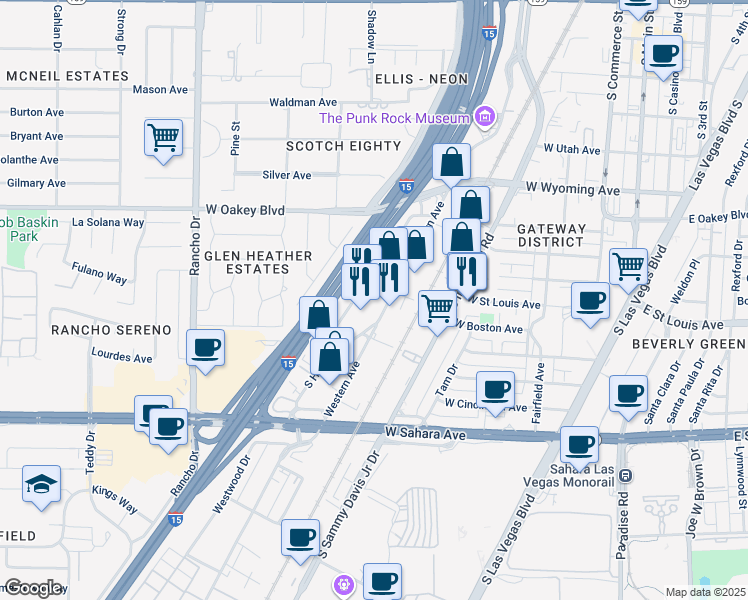 map of restaurants, bars, coffee shops, grocery stores, and more near 2026 Western Avenue in Las Vegas