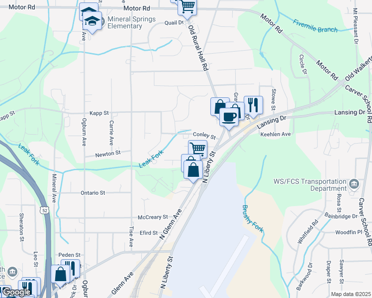 map of restaurants, bars, coffee shops, grocery stores, and more near 1100 Newport Street in Winston-Salem