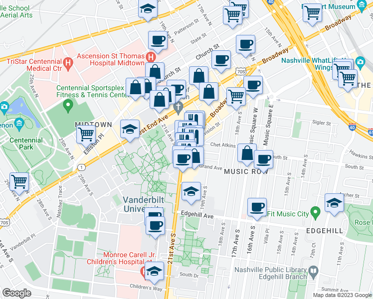 map of restaurants, bars, coffee shops, grocery stores, and more near 2033 Broadway in Nashville