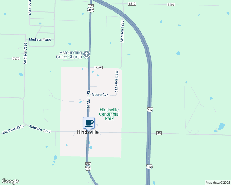 map of restaurants, bars, coffee shops, grocery stores, and more near 127 Madison 7835 in Hindsville