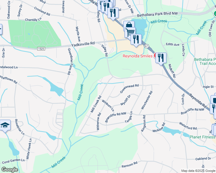 map of restaurants, bars, coffee shops, grocery stores, and more near 4140 Mill Creek Road in Winston-Salem