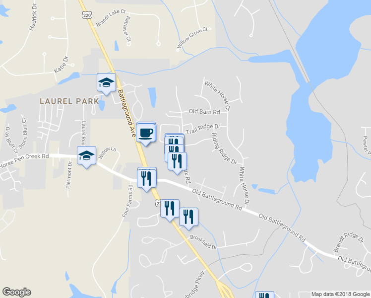 map of restaurants, bars, coffee shops, grocery stores, and more near 3421 Derbywood Drive in Greensboro