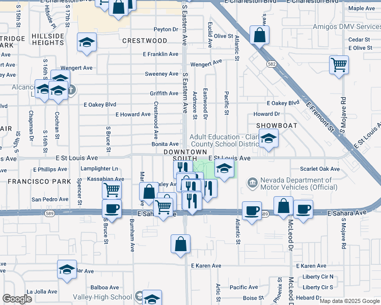map of restaurants, bars, coffee shops, grocery stores, and more near 2105 East Saint Louis Avenue in Las Vegas