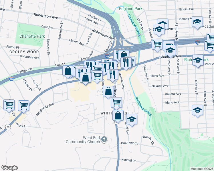 map of restaurants, bars, coffee shops, grocery stores, and more near 5612 Lenox Avenue in Nashville