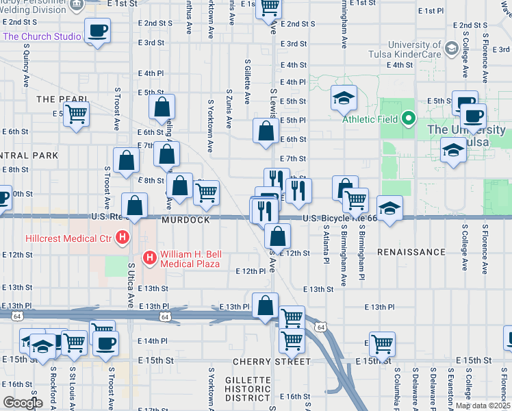 map of restaurants, bars, coffee shops, grocery stores, and more near 2219 East 11th Street in Tulsa