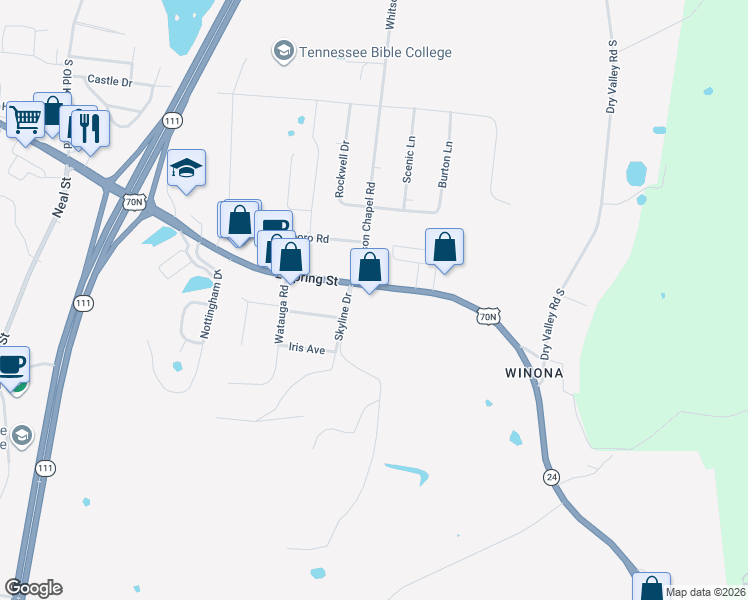 map of restaurants, bars, coffee shops, grocery stores, and more near 1717 East Spring Street in Cookeville