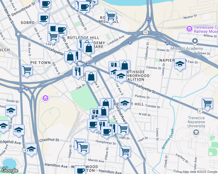 map of restaurants, bars, coffee shops, grocery stores, and more near 1044 2nd Avenue South in Nashville