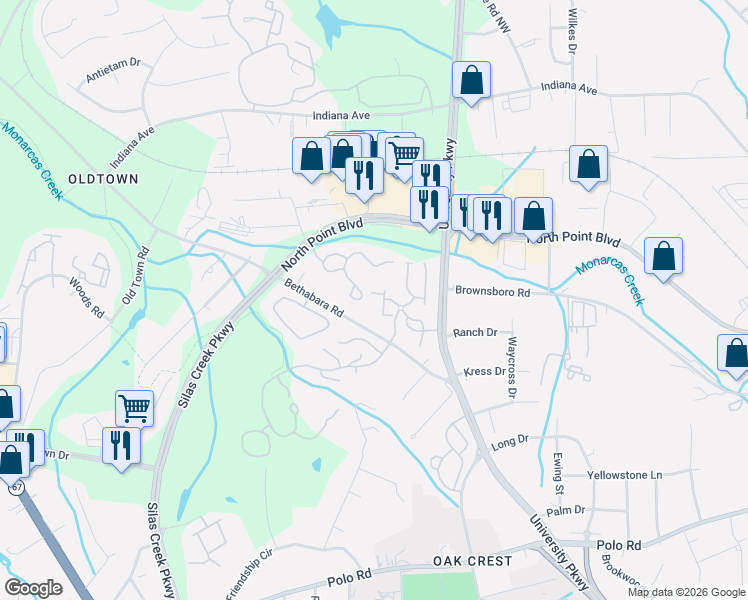 map of restaurants, bars, coffee shops, grocery stores, and more near 3030 Northwood Drive in Winston-Salem