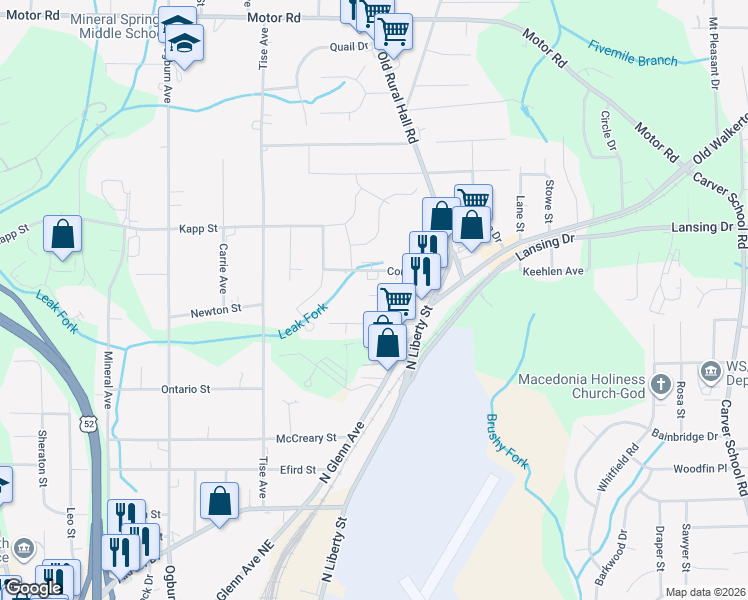 map of restaurants, bars, coffee shops, grocery stores, and more near 1100 Newport Street in Winston-Salem