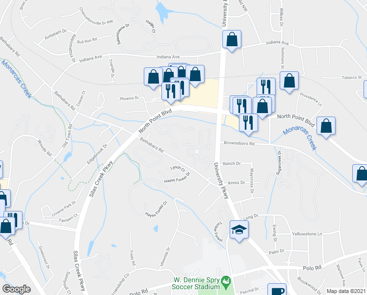 map of restaurants, bars, coffee shops, grocery stores, and more near 422 Timberline Ridge Court in Winston-Salem
