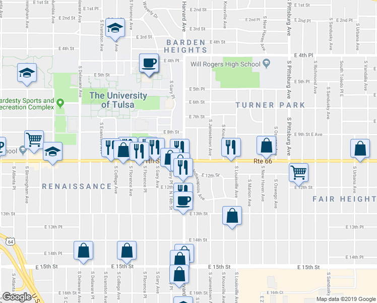 map of restaurants, bars, coffee shops, grocery stores, and more near 845 S Harvard Ave in Tulsa