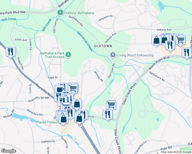 map of restaurants, bars, coffee shops, grocery stores, and more near 1641 Woods Road in Winston-Salem